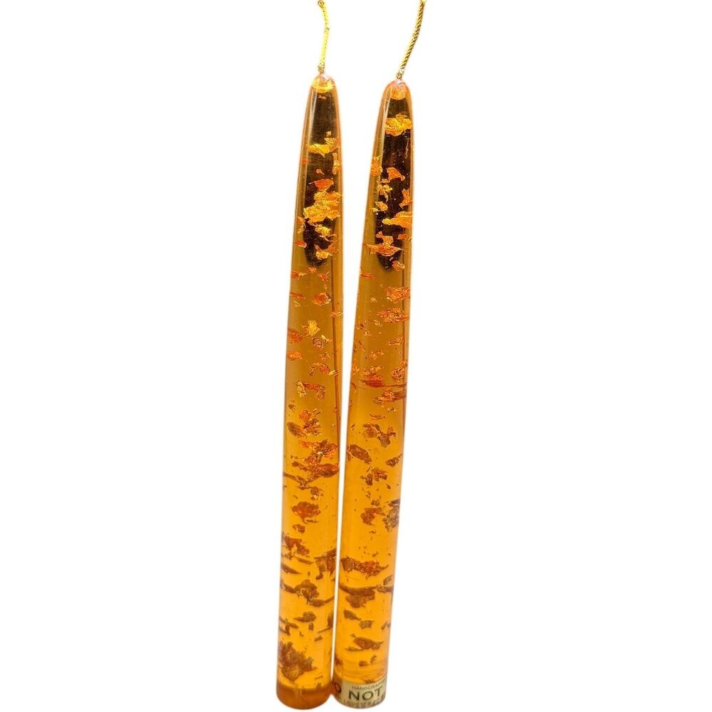 Vintage Lucite Taper Candle Pair Amber/Orange Acrylic Gold Leaf/Fleck MCM Decor